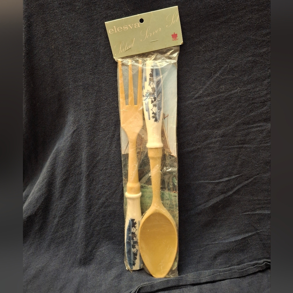 NEW Vintage Blue and Cream Salad Server Set Dutch Windmill Imagery